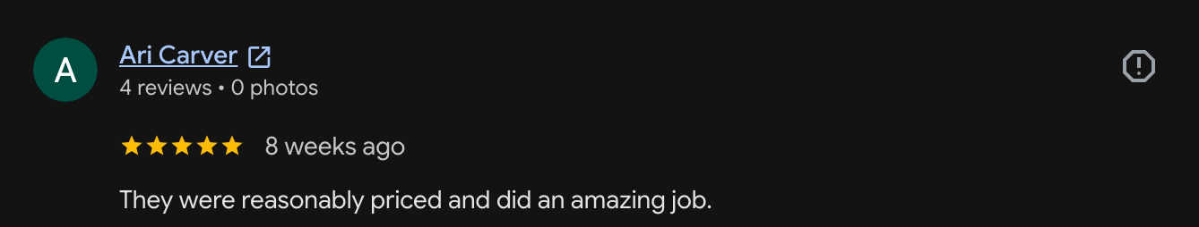 Five-star Google review for Burnet Painting from Ari Carver saying they were reasonably priced and did an amazing job