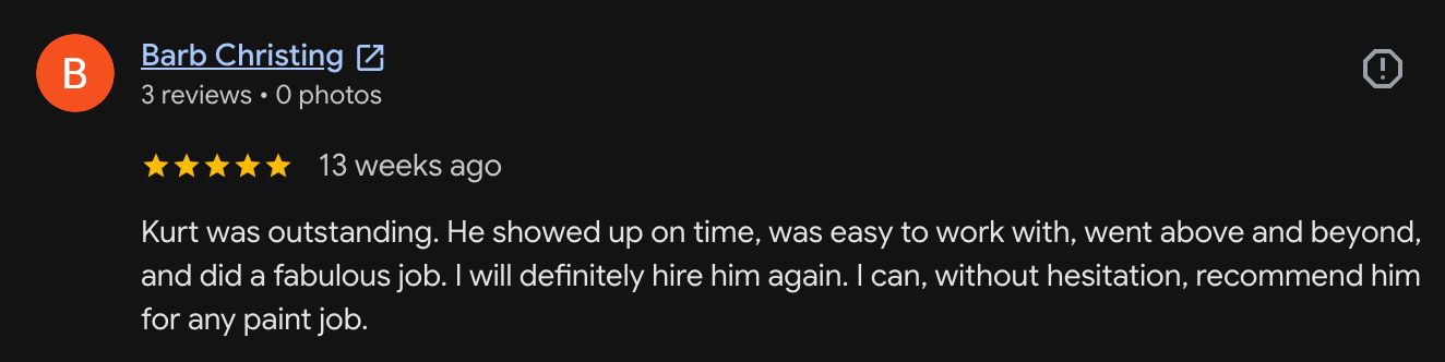 Five-star Google review for Burnet Painting from Barb Christing saying Kurt showed up on time and did a fabulous job