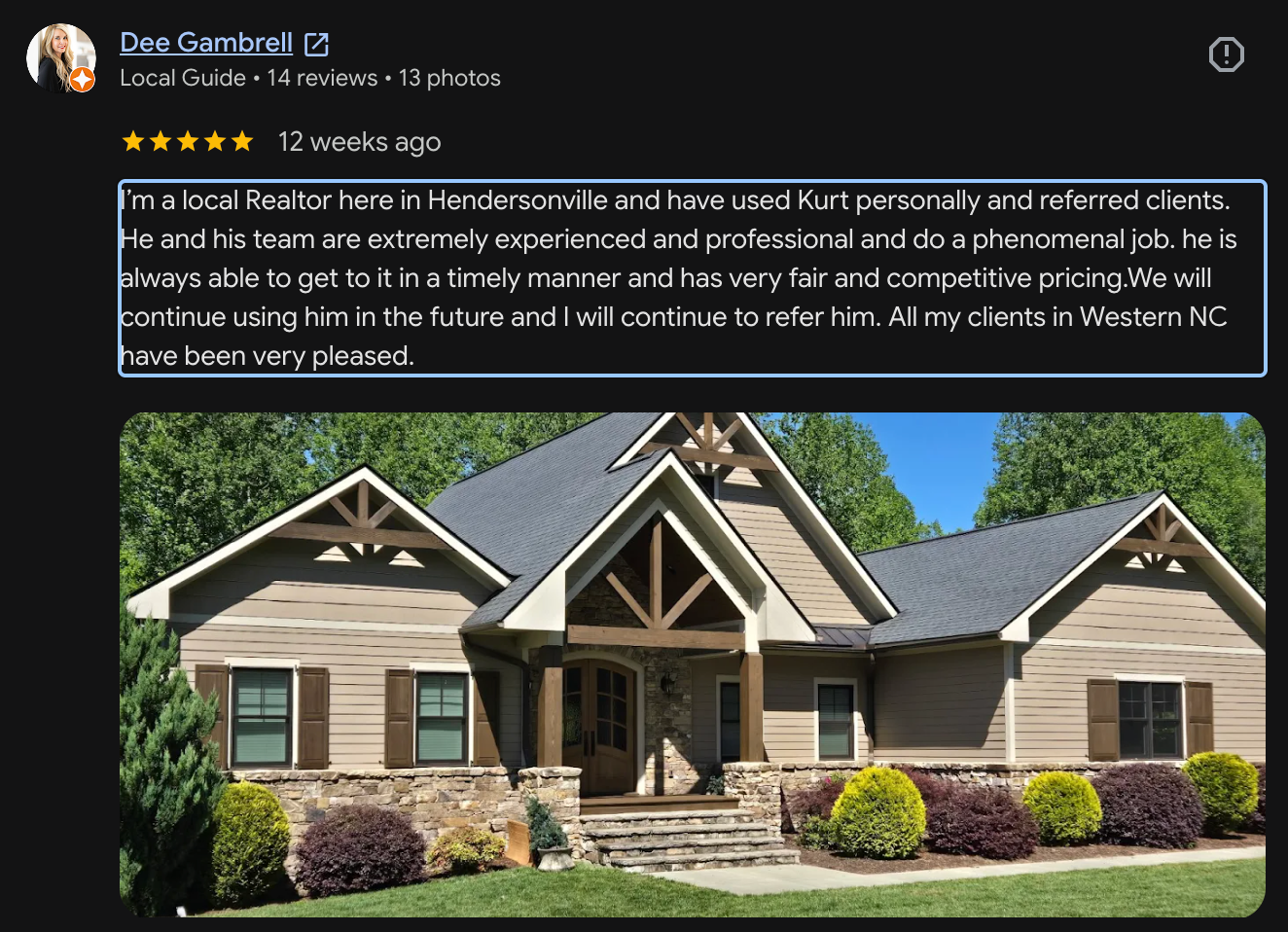 Five-star Google review for Burnet Painting from a Hendersonville Realtor, with a photo of a completed exterior painting job