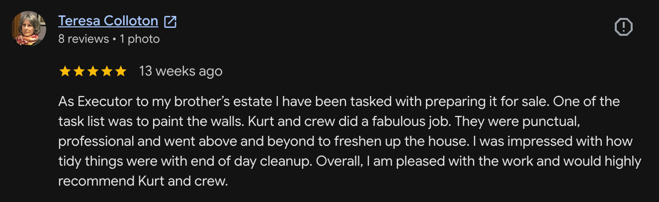 Five-star Google review for Burnet Painting from Teresa Colloton praising a punctual, professional paint job and tidy end-of-day cleanup