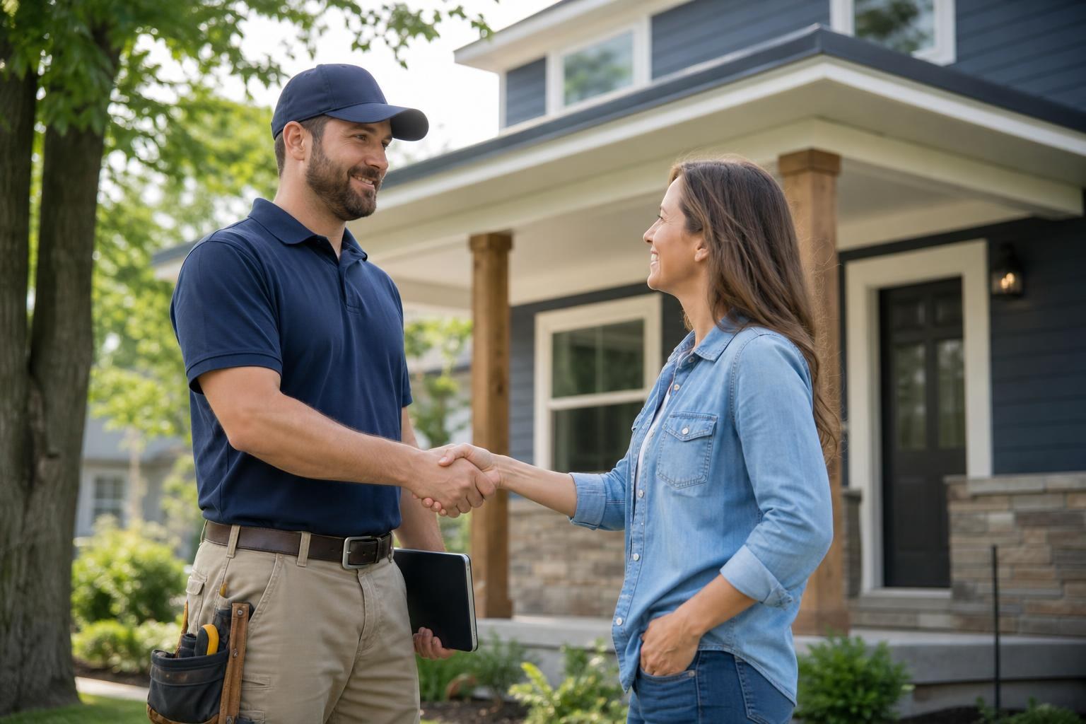 Contractor in a blue polo and tool belt shaking hands with a happy homeowner in front of a modern home