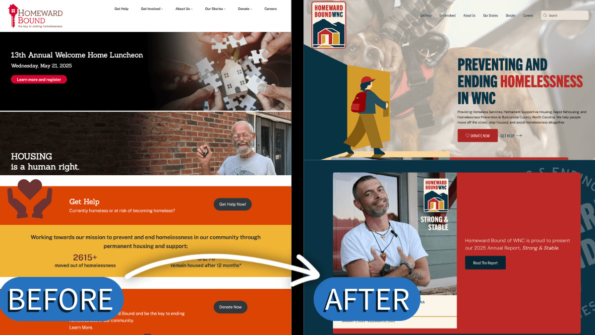 Before and after: Homeward Bound WNC nonprofit website redesign by Pixelated Stories