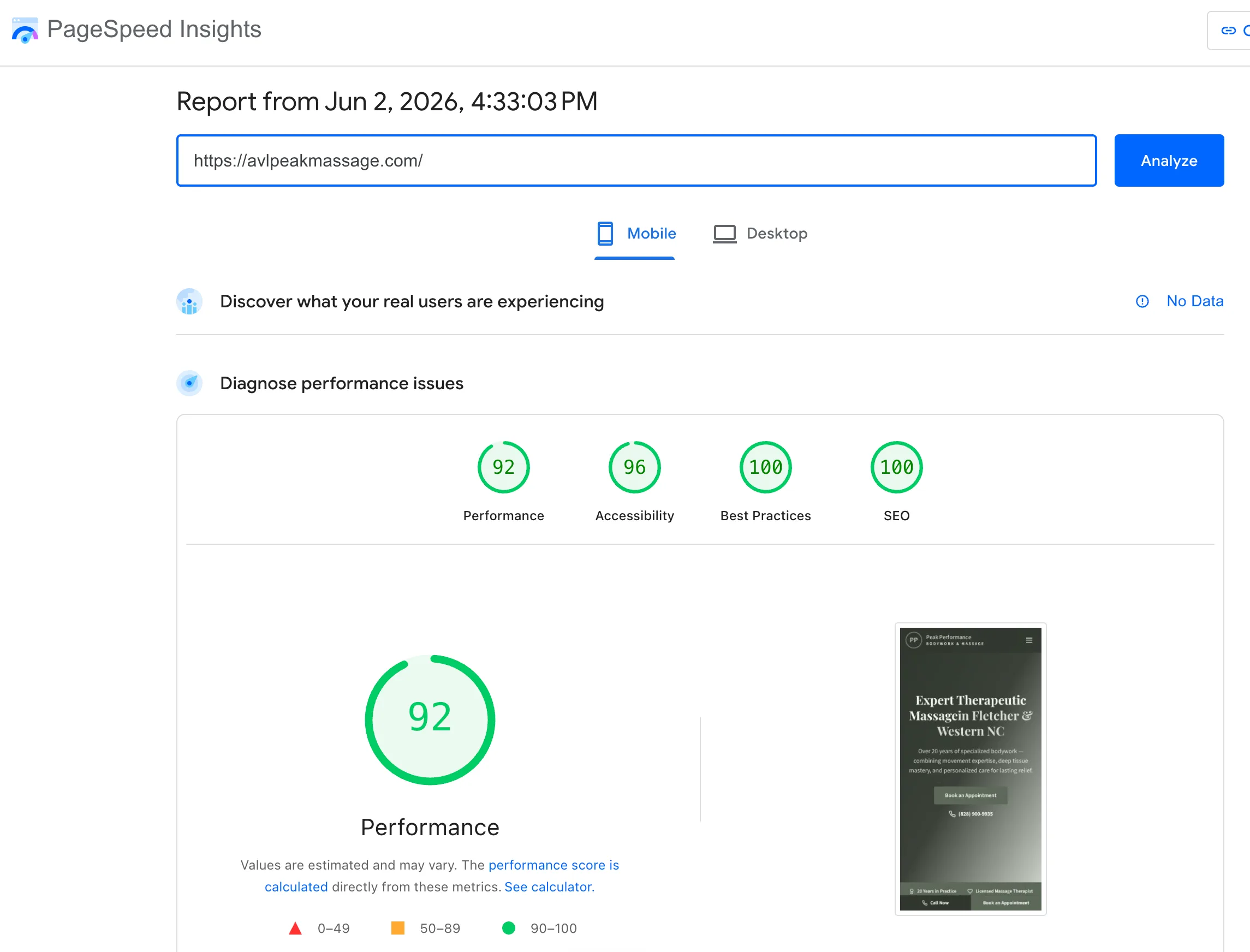 PageSpeed Insights mobile report showing Peak Performance Massage website scoring 92 performance, 96 accessibility, 100 best practices, 100 SEO